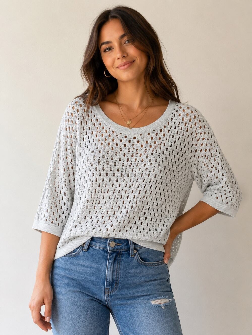 CAbi Open Crochet Sweater Size S Lightweight Gray Pullover 3/4 Sleeve Boho Beach